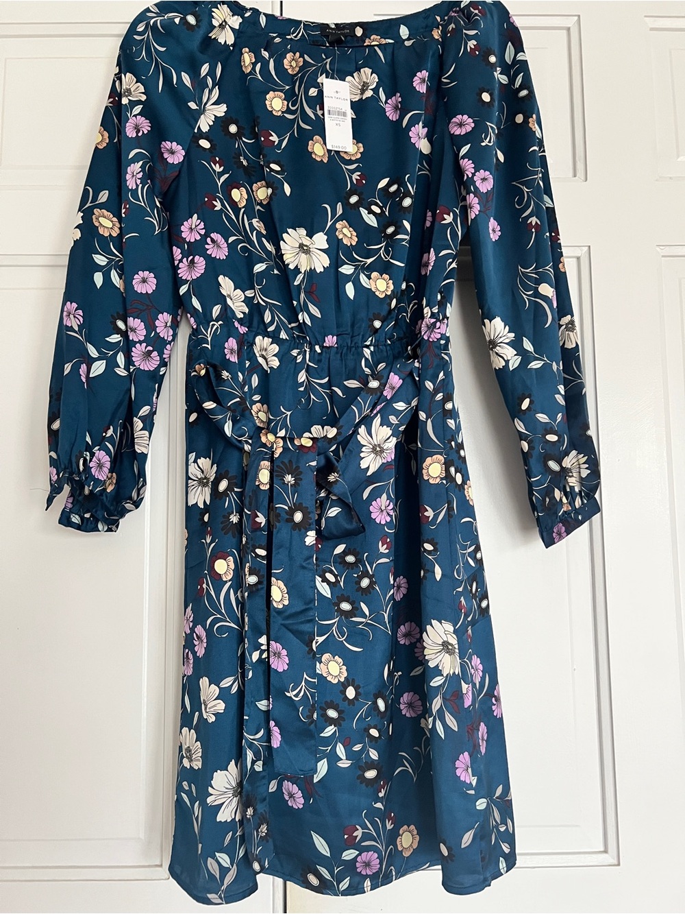 Ann Taylor Floral Teal Long Sleeve Belted Dress